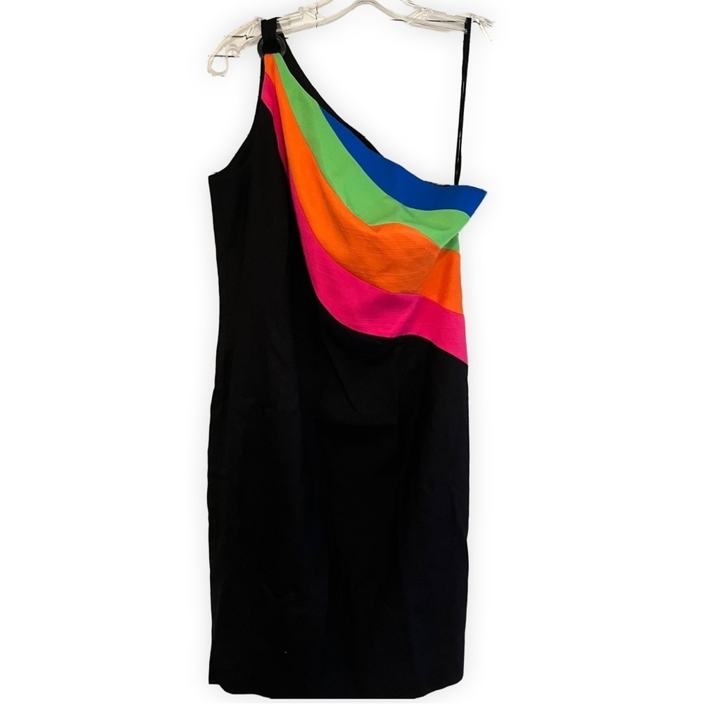 Vintage Y2K Dress One Shoulder Geometrie Black Neon Rainbow Stripes 6/M BodyCon